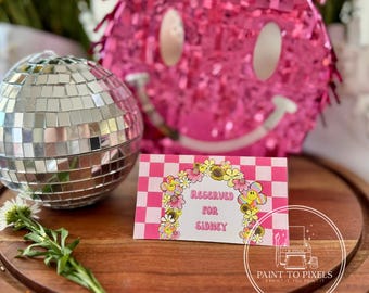 Retro Pink Checkered Food Tent Place Card (Digital Download)