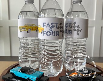 Envoltorios para botellas de agua con acuarela de coches clásicos, ideal para cumpleaños de coches de carreras (impresiones digitales)