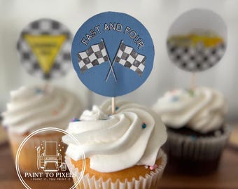 Watercolor Race Car Cupcake Toppers, Fast Four Birthday (Digital Prints)