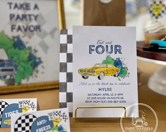 Invitación de cumpleaños de coche clásico en acuarela, fiesta de carreras (impresión digital)