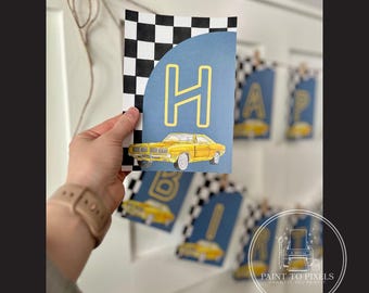 Banner de cumpleaños de coches clásicos en acuarela, fiesta de carreras (impresión digital)