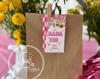 Hand-Painted Skate Thank You Card, Disco Party, Pink Checkered (INSTANT DOWNLOAD)
