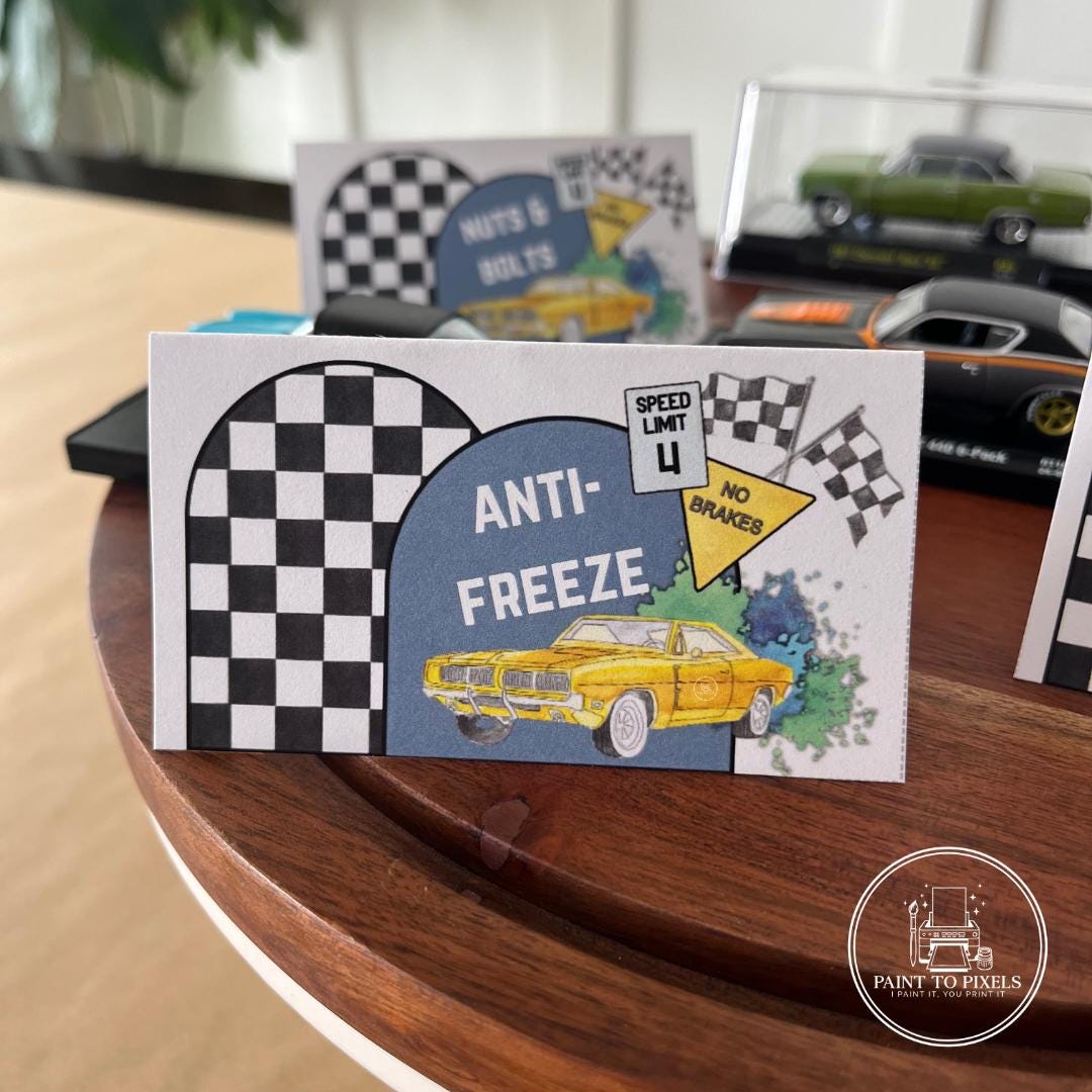Carpas de comida de coches clásicos pintadas a mano con acuarela, cumpleaños de coches de carreras, coches rápidos, fiestas de coches de carreras, muscle cars, banderas de carreras, impresiones digitales