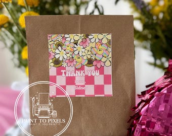 Hand-Painted Floral Thank You Sticker, Retro Party Favor (INSTANT DOWNLOAD)