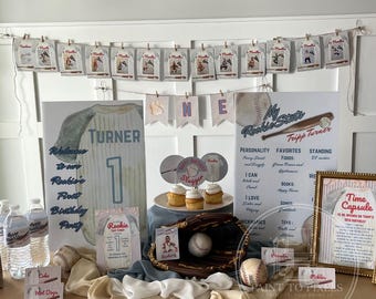 Hand Painted Baseball 1st Birthday Bundle, Invitation (Instant Download)