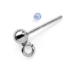 May include: A silver earring post with a spherical end and a small loop. A small, pale blue bead is also visible. The earring post is designed for jewellery making or crafting.