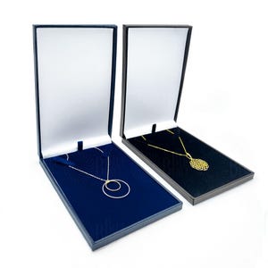 Leatherette NECKLACE BOX 104x152x17mm Slim Blue or Black Gift Boxes are suitable for large Royal Mail UK letters