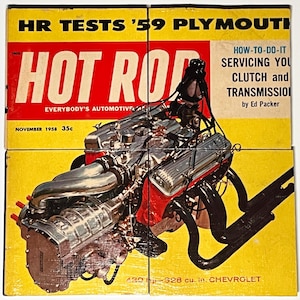 May include: A vintage magazine cover featuring a chrome engine and the title "HOT ROD" in large red letters. The cover is yellow and red, with text that reads "HR TESTS '59 PLYMOUTH" and "SERVICING YOU CLUTCH and TRANSMISSION".