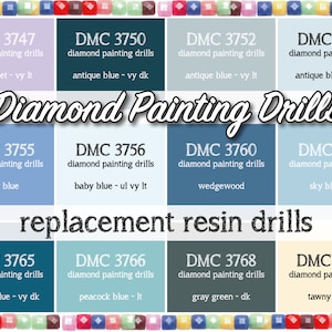 May include: A colorful graphic showcasing diamond painting drills in various shades of blue, green, and tan. Each color is labeled with a DMC code and color name, such as "baby blue" and "sky blue." The text "Diamond Painting Drills" is prominently displayed.