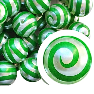 20mm Green Spiral Bubblegum Beads, 20mm Chunky Acrylic Bubble Gum Beads, Swirl, Pearl, Green, Funky, Christmas, Ornament, Beadable Pens