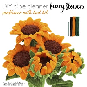 May include: A bouquet of orange fuzzy sunflowers with brown centers and green stems. The image includes the text "DIY pipe cleaner fuzzy flowers sunflower with bud kit." The photo shows multiple flowers. 1 flower & bud sold per kit.