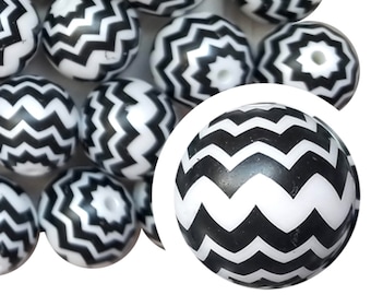 20mm Black Chevron Striped Bubblegum Beads, 20mm Chunky Acrylic Beads, Striped, Zig Zag, Print, Wavy, Black, Beaded, Beadable Pens