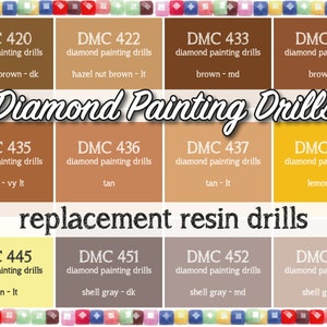 May include: A selection of replacement resin drills for diamond painting, featuring various colors and DMC codes. The image displays a grid of color swatches, including shades of brown, tan, gray, and yellow, with text labels indicating the color and code.