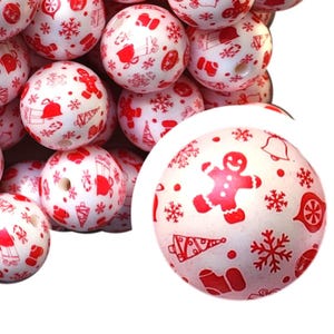 20mm Christmas Cheer Print Bubblegum Beads, 20mm Chunky Acrylic Bubble Gum Beads, Gingerbread Man, Christmas Tree, Snowflake, Bells, Holiday