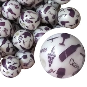 20mm Cheers To Wine Bubblegum Beads, 20mm Chunky Acrylic Bubble Gum Beads, Wine, Grapes, Drinking, Alcohol, Cheers, Beadable Pens
