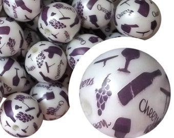 20 mm Cheers To Wine Bubblegum Beads, 20 mm Chunky Acrylic Bubble Gum Beads, Wino, Winogrona, Picie, Alkohol, Cheers, Koralikowe długopisy