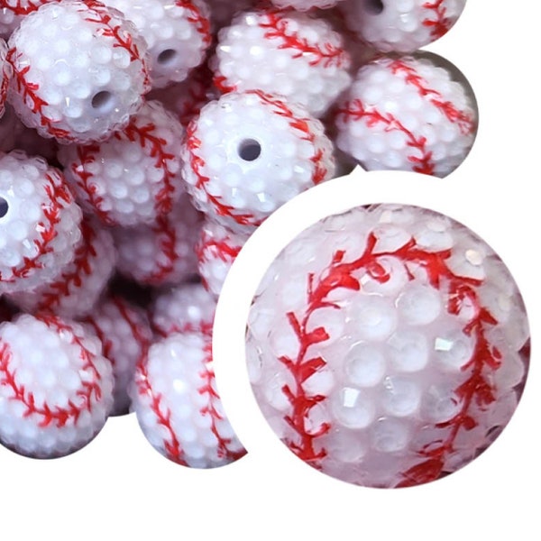 RHINESTONE BASEBALL Bubblegum Beads 20mm Chunky Acrylic Bubble Gum Beads Printed Beads Plastic Round Bubblegum Beads Jewelry Beads Sport