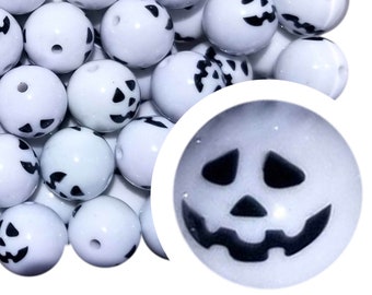 20 mm Geist Kürbis Gesicht Bubblegum Perlen, 20 mm Chunky Acrylic Bubble Gum Beads, Halloween, Kürbis, Spooky, Opak Weiß, Beadable