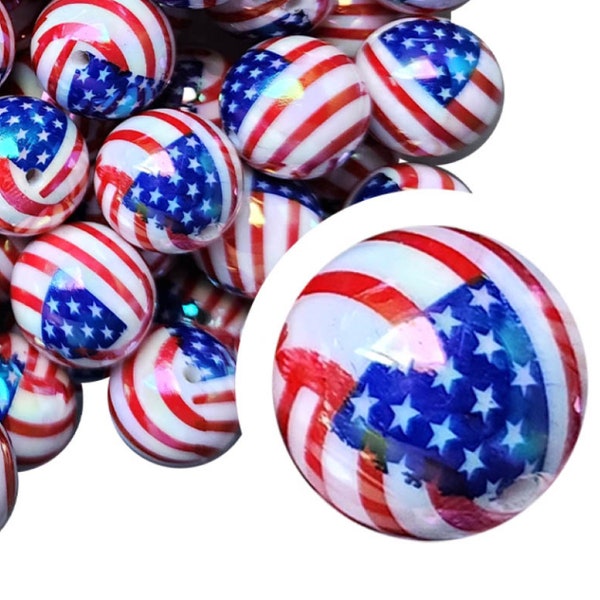 USA FLAG AB Bubblegum Beads 20mm Chunky Acrylic Bubble Gum Beads Printed Beads Plastic Round Bubblegum Beads Jewelry Sports Beads