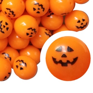 20mm Opaque Orange Pumpkin Face Bubblegum Beads, 20mm Chunky Acrylic Bubblegum Beads, Jack O Lantern, Pumpkin, Halloween, Orange, Spooky