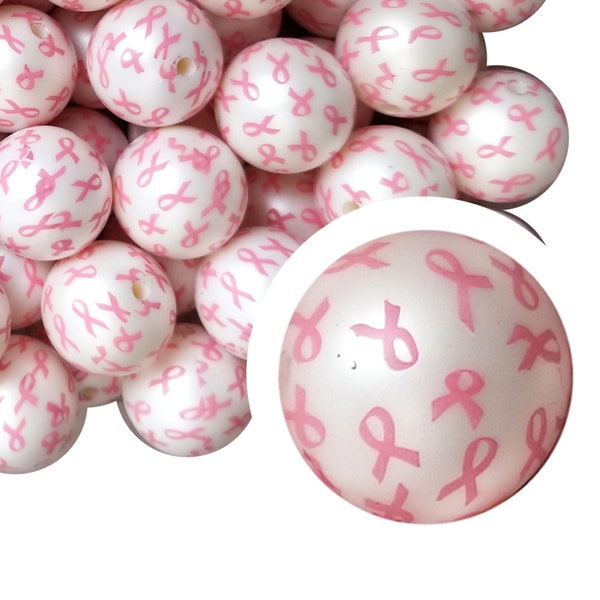 BREAST CANCER AWARENESS Pink Ribbon Bubblegum Beads 20mm Chunky Acrylic Bubble Gum Beads Printed Beads Plastic Round Bubblegum Beads 20mm