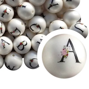 Cuentas de chicle con letras florales de 20 mm, cuentas de chicle acrílicas gruesas de 20 mm, palabra impresa, letras, iniciales, monograma, monumento