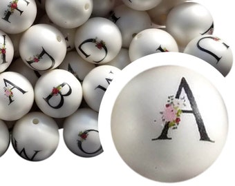 PEARL FLORAL LETTERS Bubblegum Beads 20mm Chunky Acrylic Bubble Gum Beads Printed Word Beads Plastic Round Bubblegum Beads Initial Beads