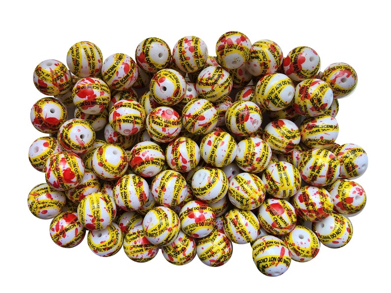 20mm Crime Scene Bubblegum Beads, 20mm Chunky Acrylic Bubble Gum Beads, Crime Scene Tape, Blood, Bloody, Halloween, Murder, Beadable Pens