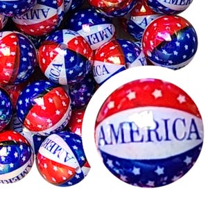 20mm America AB Bubblegum Beads, 20mm Chunky Acrylic Bubble Gum Beads, USA, American, 4th Of July, Red, White, Blue, Stars & Stripes, Beaded