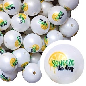 20 mm Squeeze The Day Bubblegum Beads, 20mm Chunky Acrylic Bubble Gum Beads, Zitrone, Obst, Spruch, Sommer, Motivation, Perlenstifte