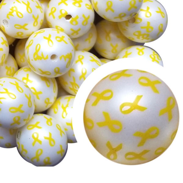 BONE CANCER AWARENESS Yellow Ribbon Bubblegum Beads 20mm Chunky Acrylic Bubble Gum Beads Printed Beads Plastic Round Bubblegum Beads 20mm