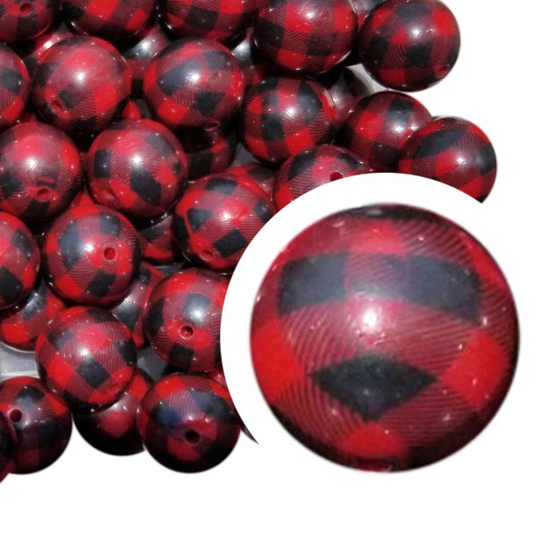 RED BUFFALO CHECK Plaid Bubblegum Beads 20mm Chunky Acrylic Bubble Gum Beads Printed Beads Round Bubblegum Beads Jewelry Beads 20mm Beads