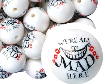 Cuentas de chicle "Estamos todos locos aquí" de 20 mm, cuentas acrílicas gruesas de 20 mm, Alicia en el país de las maravillas, Gato de Cheshire, Sombrerero Loco, bolígrafos para abalorios