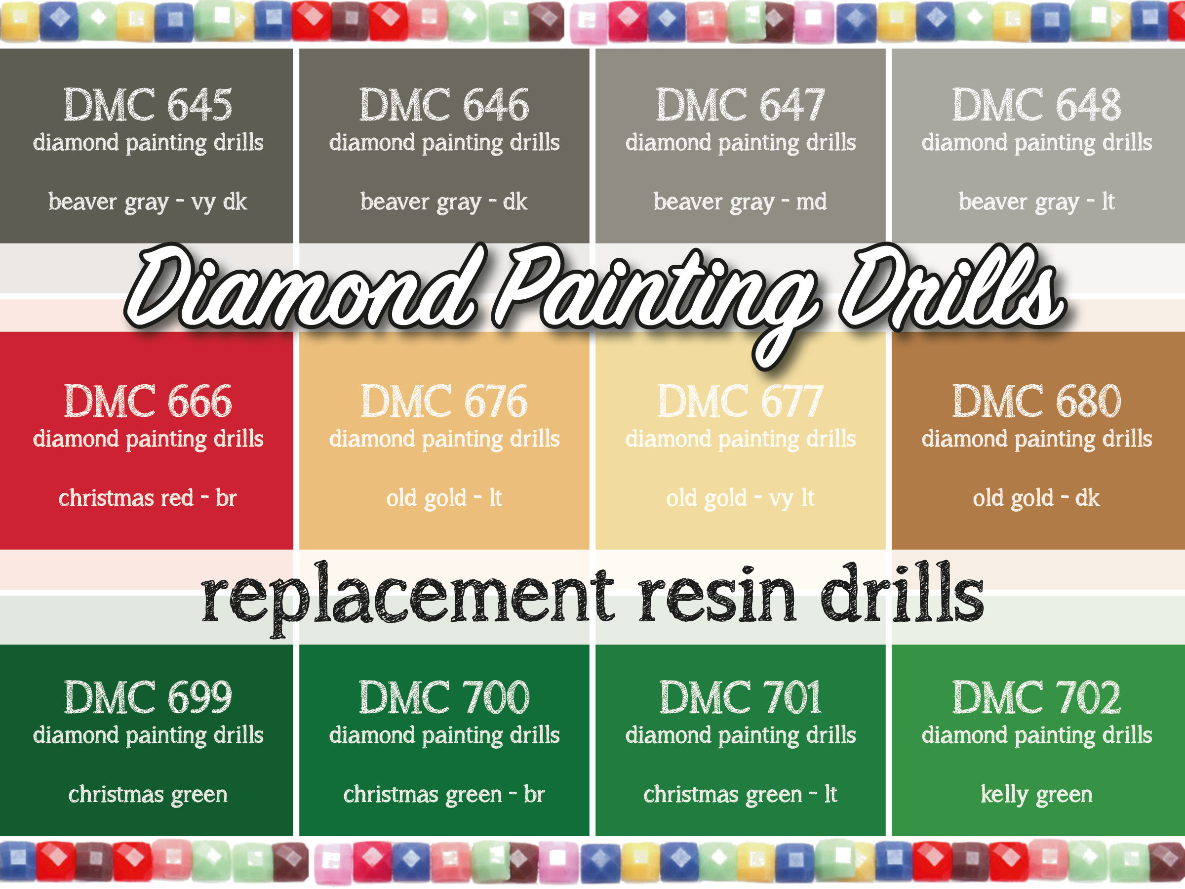 Diamond Painting Drills SQUARE / DMC Colors 100-399 / Diamond