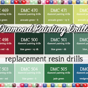 May include: A chart of DMC diamond painting drill colors with their corresponding names and numbers. The colors include avocado green, blue green, christmas red, jade green, and wedgewood.