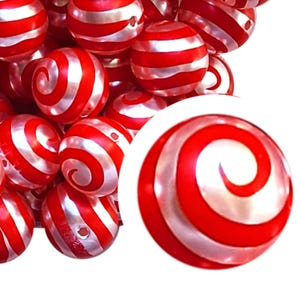 20mm Red Spiral Bubblegum Beads, 20mm Chunky Acrylic Bubble Gum Beads, Christmas, Holiday, Swirls, Metallic, Pearlized, Beaded Pens