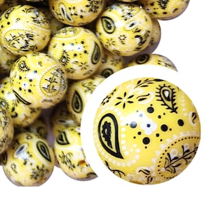 20mm Yellow Bandana Bubblegum Beads, 20mm Chunky Acrylic Bubble Gum Beads, Yellow, Paisley, Western, Cowboy, Cowgirl, Beadable Pens
