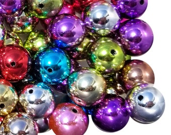 May include: A collection of colorful, metallic, round beads. The beads are various shades of red, green, blue, purple, silver, and gold.