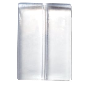 May include: A clear, rectangular plastic object with a vertical indentation down the center. The object appears to be solid and transparent, with a slightly textured surface. The shape is simple and geometric.