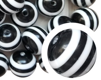 20mm Black Striped Bubblegum Beads, 20mm Chunky Acrylic Bubble Gum Bead, Black & White, Stripe, Horizontal Stripe, Lined, Beaded Pens