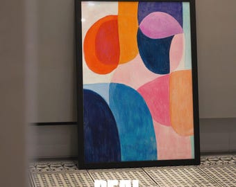 May include: Abstract art print in a black frame with a white background and colorful shapes in shades of orange, pink, blue, and purple.