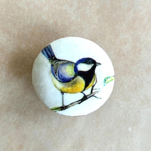 Puede incluir: Un pomo de cerámica blanca con una ilustración de un pájaro azul y amarillo. El pájaro está posado en una rama con hojas verdes.