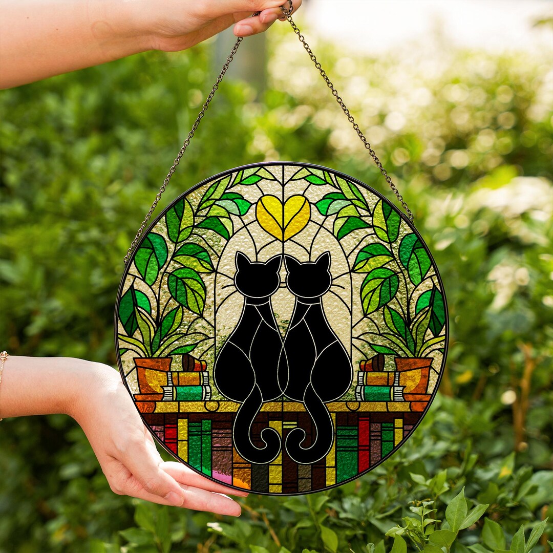 Black Cat Stained Glass Suncatcher, Two Cats With Book Window Hanging ...
