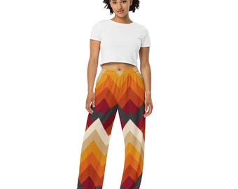 Pantalones anchos con estampado de espiga estilo retro de los años 70 / Pantalones de descanso geométricos color terracota