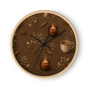Cozy Cinnamon Coffee Wall Clock, Rustic Kitchen Clock, Cottagecore Home Decor, Coffee Bar Wall Decor, Warm Brown Botanical Clock