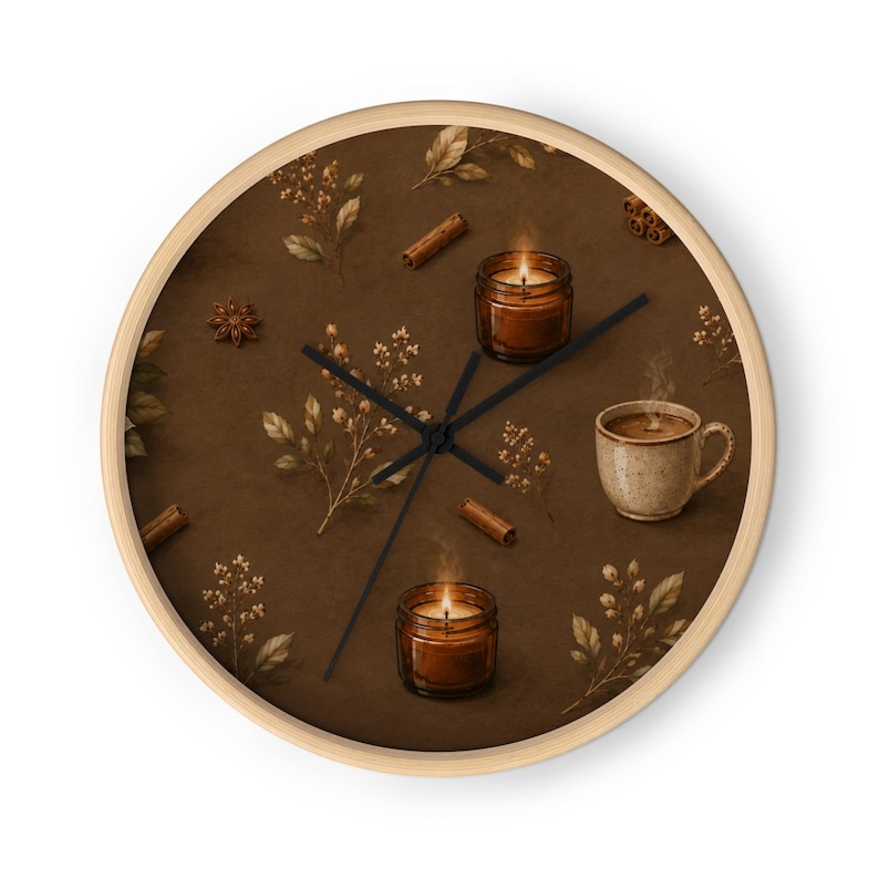 Cozy Cinnamon Coffee Wall Clock, Rustic Kitchen Clock, Cottagecore Home Decor, Coffee Bar Wall Decor, Warm Brown Botanical Clock