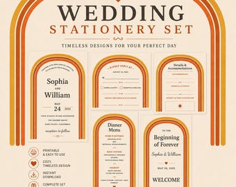 Paquete de papelería de boda estilo boho de los años 70 / Conjunto de invitaciones con arco retro (descarga digital)