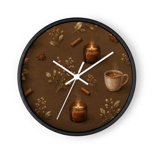 Cozy Cinnamon Coffee Wall Clock, Rustic Kitchen Clock, Cottagecore Home Decor, Coffee Bar Wall Decor, Warm Brown Botanical Clock