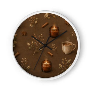 Cozy Cinnamon Coffee Wall Clock, Rustic Kitchen Clock, Cottagecore Home Decor, Coffee Bar Wall Decor, Warm Brown Botanical Clock