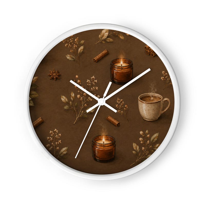 Cozy Cinnamon Coffee Wall Clock, Rustic Kitchen Clock, Cottagecore Home Decor, Coffee Bar Wall Decor, Warm Brown Botanical Clock